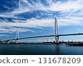 A panoramic view of the Meiko Triton Meiko Chuo Bridge spanning Nagoya Port under a blue sky 131678209