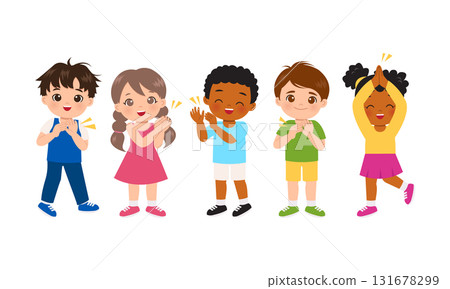 Cute boy and girl cheering and clapping hands together 131678299