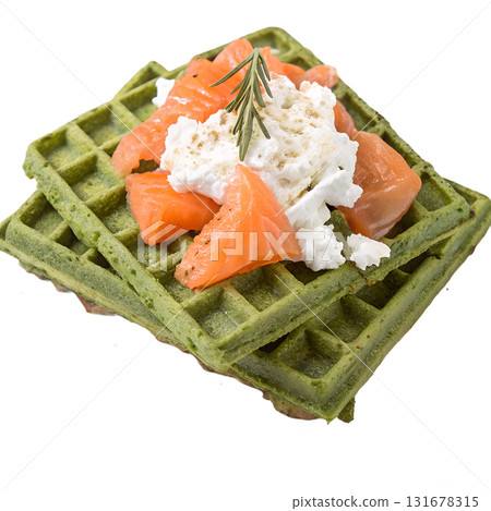 Spinach green waffles topped with smoked salmon and dollop of cream cheese, gourmet brunch, isolated on transparent background Spinach green waffles topped with smoked salmon and dollop of cream cheese, gourmet brunch, isolated on transparent background 131678315