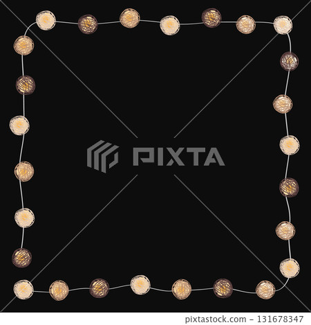 Lights thread ball garland square frame. Decoration element for Birthday or Christmas. Festive lighting string in Scandinavian style, isolated vector illustration. Lights thread ball garland square frame. Decoration element for Birthday or Christmas. Festive lighting string in Scandinavian style, isolated vector illustration. 131678347