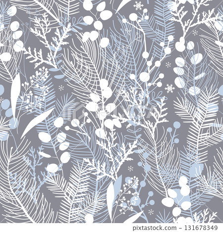 Christmas frosty floral seamless pattern in neutral palette. Happy Holidays winter forest background with eucalyptus leaves, pine and berry branches, and snowflakes 131678349