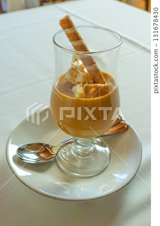 Dulce de Leche Dessert with Ice Cream and Wafer, Spain Dulce de Leche Dessert with Ice Cream and Wafer, Spain 131678430