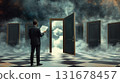 A man in a business suit with papers in his hand stands in front of a choice of many doors 131678457