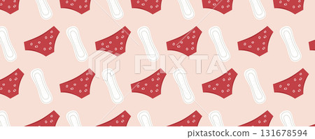 Women period seamless pattern with illustrations of pads and panties in a pink palette. Women health and gynecology theme. Suitable for marketing materials, banners, and posters 131678594