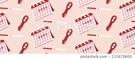 Seamless pattern with a pregnancy test and planning calendar. Pregnancy planning and conception concept. Female reproductive system and gynecology theme	 131678600