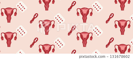 Seamless pattern featuring a uterus, pregnancy test, and hormonal birth control pills. Conception, family planning, and gynecology concept 131678602