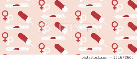 Seamless pattern featuring sanitary pads and tampons. Women period, menstruation, and reproductive health theme 131678603