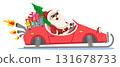Santa Claus driving a red car with gifts boxes and a Christmas tree on a white. Christmas character 131678733