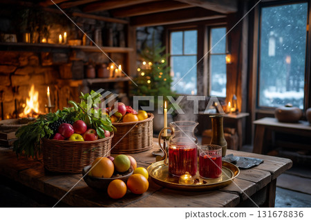 Cozy winter cabin interior with fireplace, candles, fruit baskets, mulled wine, and snow falling outside the window Cozy winter cabin interior with fireplace, candles, fruit baskets, mulled wine, and snow falling outside the window 131678836