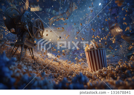 Surreal cinematic fantasy with vintage projector, floating popcorn, and film reels in dreamlike movie-themed composition Surreal cinematic fantasy with vintage projector, floating popcorn, and film reels in dreamlike movie-themed composition 131678841