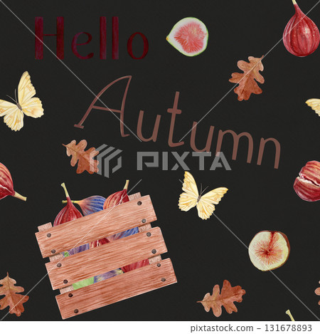 Lettering Hello Autumn, wooden crate filled with figs, oak leaves, and butterfly watercolor seamless pattern on gray. Seasonal harvest illustration for posters, greeting cards, invitations, fall decor 131678893