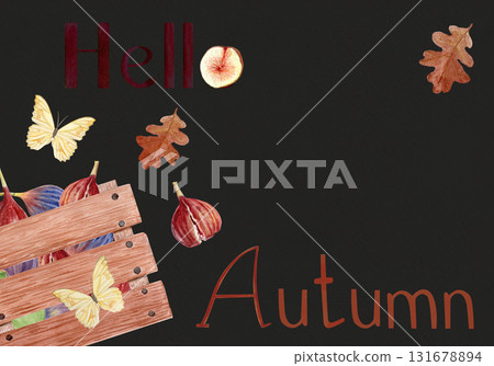 Lettering Hello Autumn, wooden crate filled with figs, oak leaves, and butterfly watercolor autumn template on grey. Seasonal harvest illustration for posters, greeting cards, invitations, fall decor 131678894