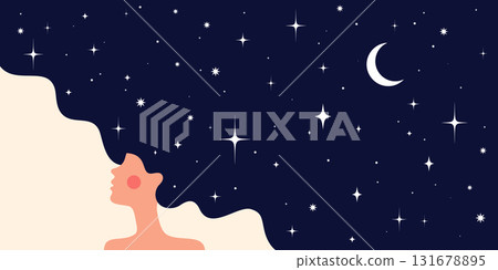 Dream universe flows through woman figure, girl with cosmic night sky in hair. Woman dream vision shines, girl in flat style, universe dream surrounds woman girl cosmos. Vector Illustration 131678895