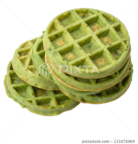 Green spinach waffles, healthy savory breakfast concept, isolated on transparent background 131678969