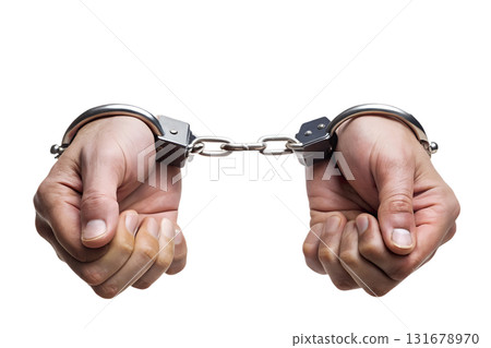 Hands in metal handcuffs, arrested and detained, law and order concept, isolated on transparent background Hands in metal handcuffs, arrested and detained, law and order concept, isolated on transparent background 131678970