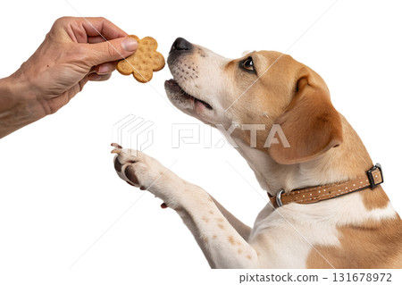 Dog looking up eagerly with mouth slightly open, awaiting tasty treat from human hand, isolated on transparent background Dog looking up eagerly with mouth slightly open, awaiting tasty treat from human hand, isolated on transparent background 131678972