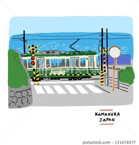 Enoshima train Kamakura famous Railway scenic by seaside Hand drawn color illustration Japan travel 131678977