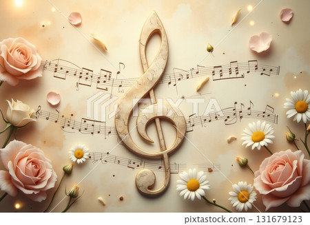 Abstract musical background with treble clef and flowers 131679123