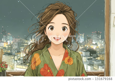 美優系列：美優身穿碎花浴衣，以城市夜景為背景漫步，笑容滿面，樂在其中。 131679168