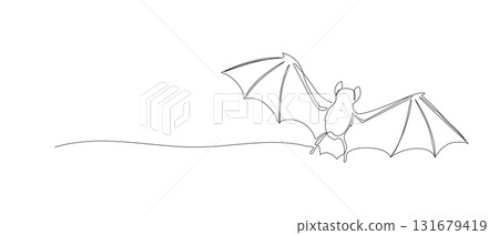 Bat one continuous line illustration. Hand drawn vector sketch isolated on white background. Halloween design Bat one continuous line illustration. Hand drawn vector sketch isolated on white background. Halloween design 131679419