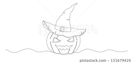 Pumpkin and wizard hat one continuous line illustration. Hand drawn vector sketch isolated on white background. Halloween design Pumpkin and wizard hat one continuous line illustration. Hand drawn vector sketch isolated on white background. Halloween design 131679420