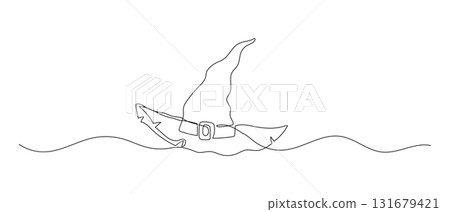 Wizard hat one continuous line illustration. Hand drawn doodle vector sketch isolated on white background. Halloween design Wizard hat one continuous line illustration. Hand drawn doodle vector sketch isolated on white background. Halloween design 131679421