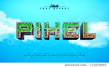 Pixel Editable Text Effect Design Illustrator Graphic Style with Customizable 3d Minecraft Video Game Font on Cloudy Sky Background. Vector Premium Typography Lettering Illustration Template for Pixel Editable Text Effect Design Illustrator Graphic Style with Customizable 3d Minecraft Video Game Font on Cloudy Sky Background. Vector Premium Typography Lettering Illustration Template for 131679445