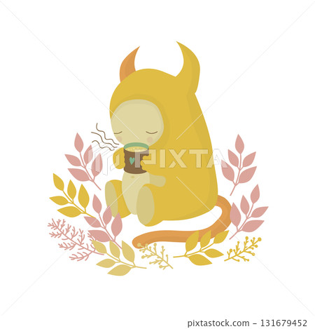 Illustration of a friendly cartoon monster enjoying a tea party in the forest Illustration of a friendly cartoon monster enjoying a tea party in the forest 131679452