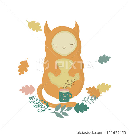Illustration of a cute orange monster and a mug of warm milk in the autumn park Illustration of a cute orange monster and a mug of warm milk in the autumn park 131679453