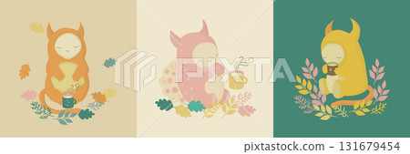 Set of cartoon illustrations with friendly monsters at a cozy tea party Set of cartoon illustrations with friendly monsters at a cozy tea party 131679454