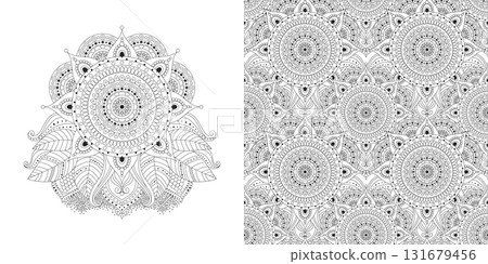 Black and white seamless pattern and ornament, oriental, Asian-inspired design Black and white seamless pattern and ornament, oriental, Asian-inspired design 131679456