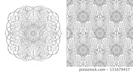 Abstract black and white seamless pattern and mandala, oriental, Asian style Abstract black and white seamless pattern and mandala, oriental, Asian style 131679457