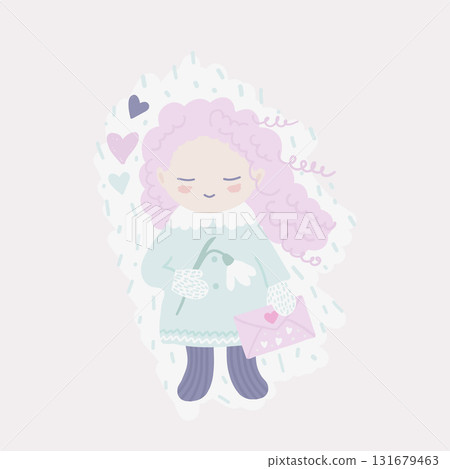 Smiling kid holding a snowdrop and a love letter Smiling kid holding a snowdrop and a love letter 131679463