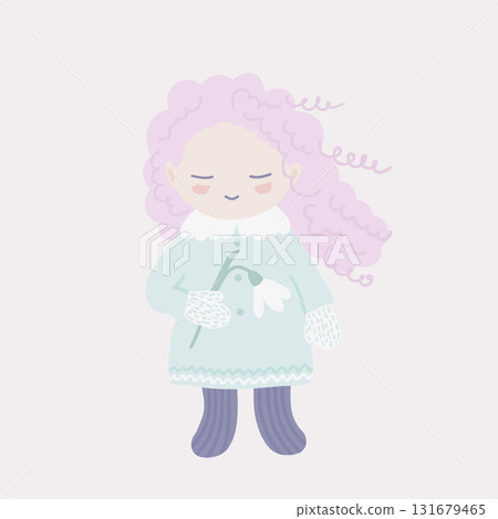Illustration of a cute girl smiling and holding snowdrop Illustration of a cute girl smiling and holding snowdrop 131679465