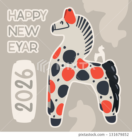 Happy new year. Dymkovsky toy horse. Inscription 131679852