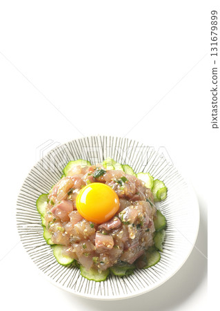 Spanish mackerel tartare photographed on a white background Spanish mackerel tartare photographed on a white background 131679899