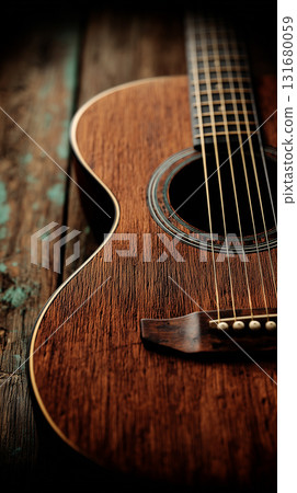Close-Up of Classic Acoustic Guitar with Detailed Wood Texture and Soft Natural Lighting 131680059