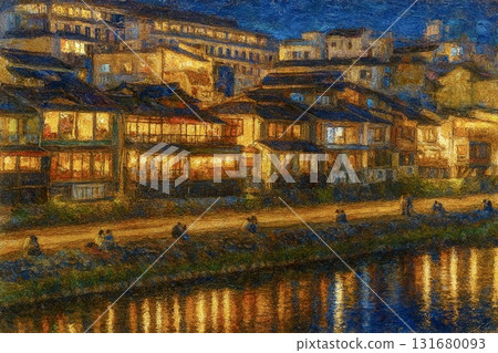 京都的夜晚,鴨川,河床,油畫 京都的夜晚,鴨川,河床,油畫 131680093