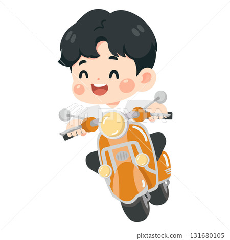 Illustration of Happy Boy Riding Orange Scooter 131680105