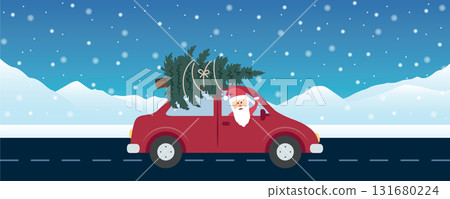 santa drive with red car and christmas tree in snowy winter landscape vector illustration 131680224
