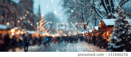 blurred background christmas market on snowy winter day blurred background christmas market on snowy winter day 131680258