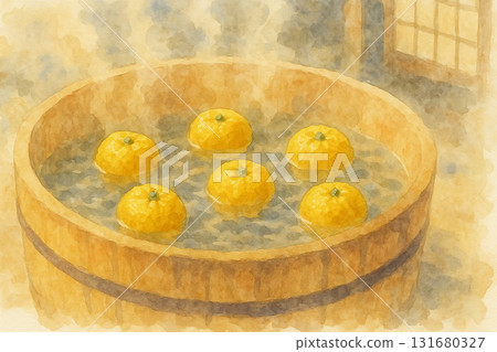 Winter solstice yuzu bath floating in a wooden tub 131680327