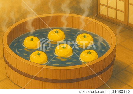 冬至柚子浴漂浮在木桶裡 冬至柚子浴漂浮在木桶裡 131680330