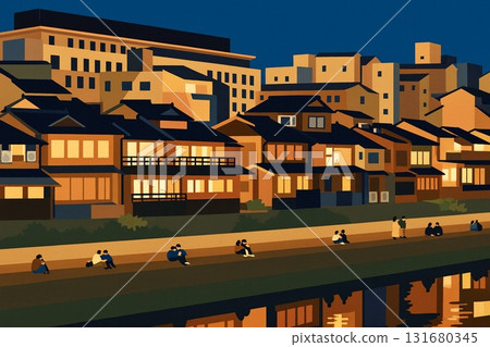 京都的夜晚鴨川河床向量 131680345