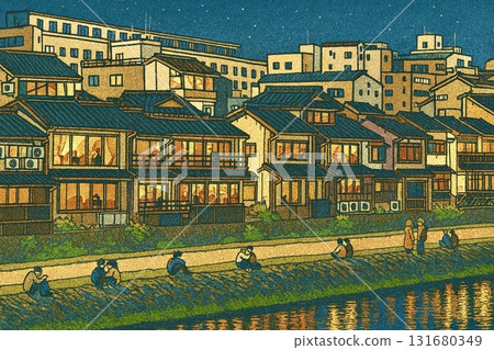 京都的夜晚，鴨川，河床，印刷風格 131680349