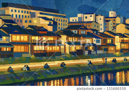 京都的夜晚，鴨川，河岸，拼貼風格 131680350