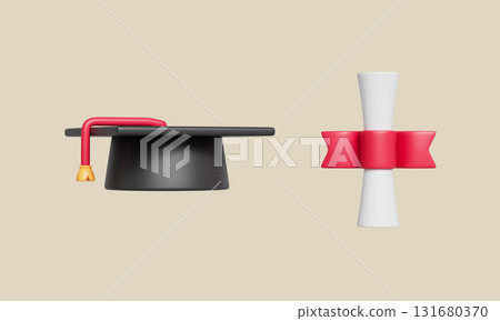 Graduation Ceremony Mortarboard  and Diploma Scroll. 3D Rendering. 131680370
