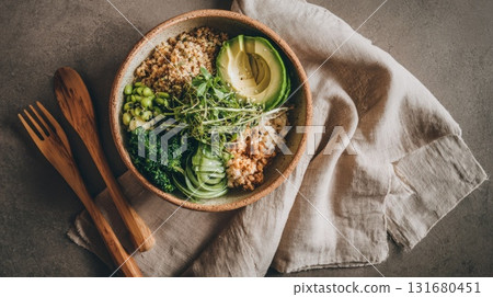Colorful Healthy Grain Bowl With Avocado, Greens, Broccoli, And Vegetables In Ceramic Bowl 131680451