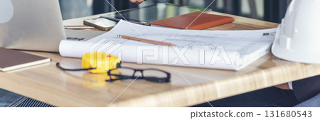 Banner Office laptop business financial document chart and graph on office wooden table coffee cup. Panorama Flat lay notebook computer laptop on office desk. Business stuff mockup with copy space 131680543