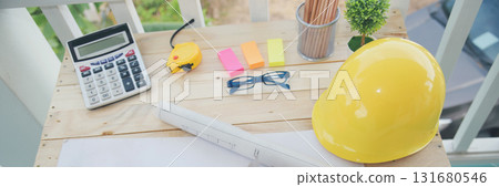 Banner construction engineer office desk architect workplace. Banner engineer draw blueprint objects table hard hat engineering stuff on desk. Designer Objects draft workplace table with copy space Banner construction engineer office desk architect workplace. Banner engineer draw blueprint objects table hard hat engineering stuff on desk. Designer Objects draft workplace table with copy space 131680546